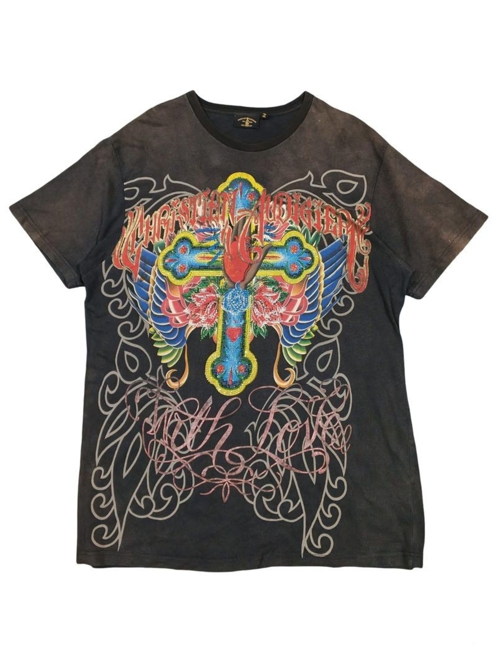 Christian Audigier Black Short Sleeve Tee with Multicolor Cross Graphic